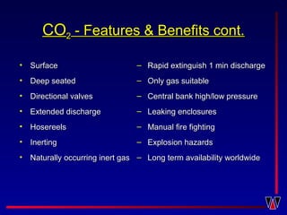 COCO22 - Features & Benefits cont.- Features & Benefits cont.
– Rapid extinguish 1 min dischargeRapid extinguish 1 min discharge
– Only gas suitableOnly gas suitable
– Central bank high/low pressureCentral bank high/low pressure
– Leaking enclosuresLeaking enclosures
– Manual fire fightingManual fire fighting
– Explosion hazardsExplosion hazards
– Long term availability worldwideLong term availability worldwide
• SurfaceSurface
• Deep seatedDeep seated
• Directional valvesDirectional valves
• Extended dischargeExtended discharge
• HosereelsHosereels
• InertingInerting
• Naturally occurring inert gasNaturally occurring inert gas
 