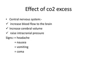 Effect of co2 excess
• Central nervous system:-
 increase blood flow to the brain
 Increase cerebral volume
 raise intracranial pressure
Signs:-= headache
= nausea
= vomiting
= coma
 