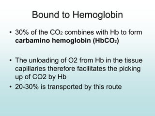 Bound to Hemoglobin
• 30% of the CO2 combines with Hb to form
carbamino hemoglobin (HbCO2)
• The unloading of O2 from Hb in the tissue
capillaries therefore facilitates the picking
up of CO2 by Hb
• 20-30% is transported by this route
 