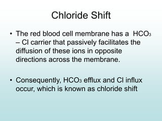 Chloride Shift
• The red blood cell membrane has a HCO3
– Cl carrier that passively facilitates the
diffusion of these ions in opposite
directions across the membrane.
• Consequently, HCO3 efflux and Cl influx
occur, which is known as chloride shift
 