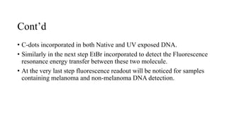 Cont’d
• C-dots incorporated in both Native and UV exposed DNA.
• Similarly in the next step EtBr incorporated to detect the Fluorescence
resonance energy transfer between these two molecule.
• At the very last step fluorescence readout will be noticed for samples
containing melanoma and non-melanoma DNA detection.
 