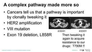 A complex pathway made more so
• Cancers tell us that a pathway is important
by clonally tweaking it
• HER2 amplification
• VIII mutation
• Exon 19 deletion, L858R
2/20/01 4/23/01
Then tweaking it
again to acquire
resistance to our
drugs: T790M !!
 