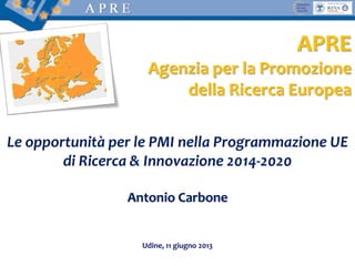 Le opportunità per le PMI nella Programmazione UE
di Ricerca & Innovazione 2014-2020
Antonio Carbone
Udine, 11 giugno 2013
APRE
Agenzia per la Promozione
della Ricerca Europea
 