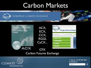 Carbon Markets


        ACX,
        ECX,
        CCX,
        RGGI,
       CaCX...

         CFX
Carbon Futures Exchange
 