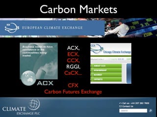 Carbon Markets


        ACX,
        ECX,
        CCX,
        RGGI,
       CaCX...

         CFX
Carbon Futures Exchange
 