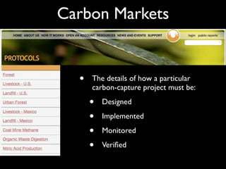 Carbon Markets


  •   The details of how a particular
      carbon-capture project must be:

      •   Designed

      •   Implemented

      •   Monitored

      •   Veriﬁed
 