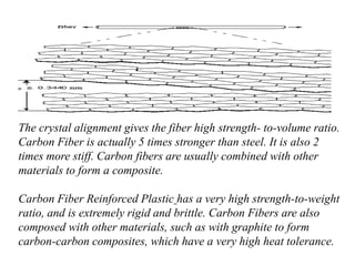 The crystal alignment gives the fiber high strength- to-volume ratio.
Carbon Fiber is actually 5 times stronger than steel. It is also 2
times more stiff. Carbon fibers are usually combined with other
materials to form a composite.
Carbon Fiber Reinforced Plastic has a very high strength-to-weight
ratio, and is extremely rigid and brittle. Carbon Fibers are also
composed with other materials, such as with graphite to form
carbon-carbon composites, which have a very high heat tolerance.
 