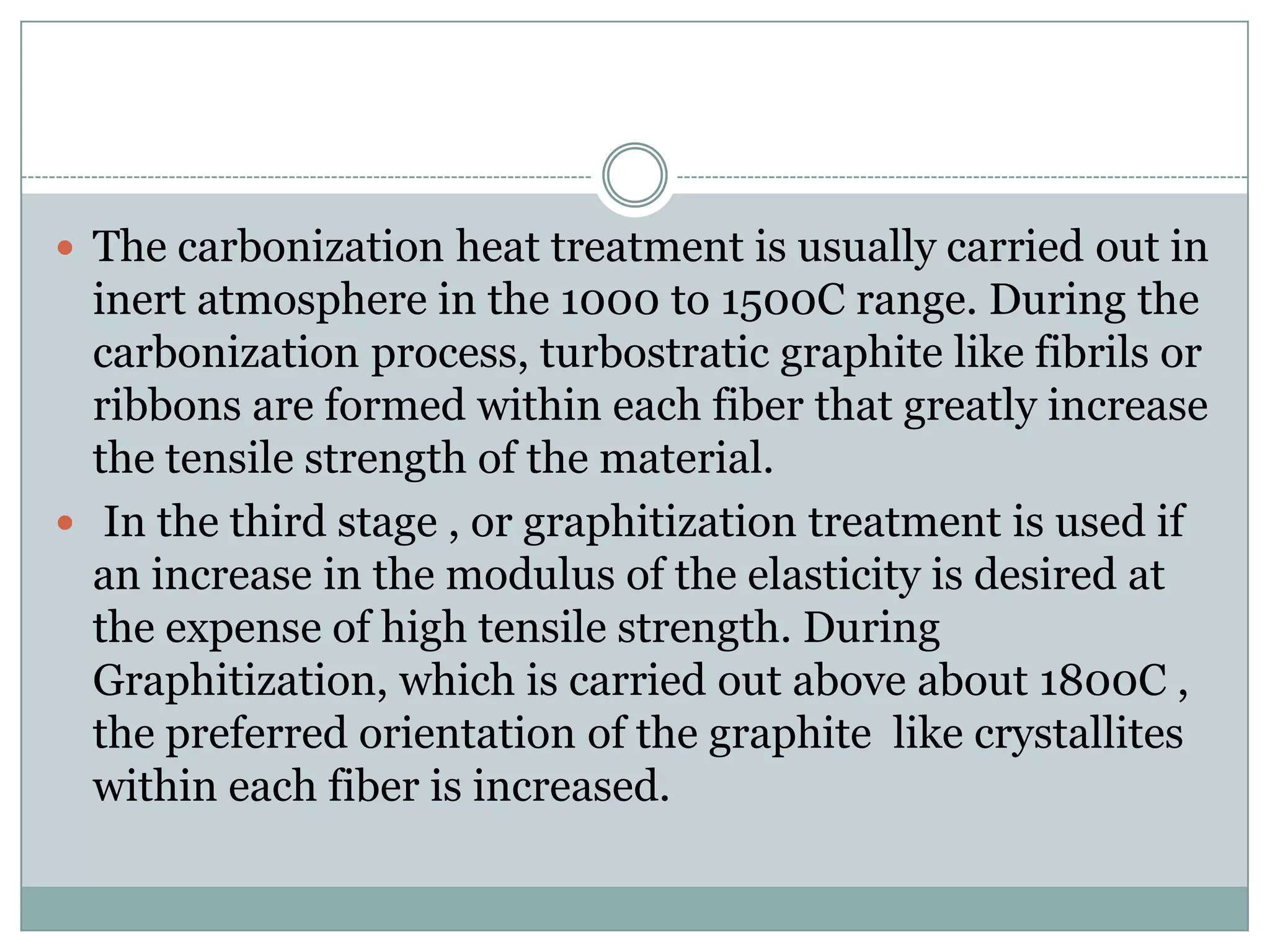  The carbonization heat treatment is usually carried out in

inert atmosphere in the 1000 to 1500C range. During the
carbonization process, turbostratic graphite like fibrils or
ribbons are formed within each fiber that greatly increase
the tensile strength of the material.
 In the third stage , or graphitization treatment is used if
an increase in the modulus of the elasticity is desired at
the expense of high tensile strength. During
Graphitization, which is carried out above about 1800C ,
the preferred orientation of the graphite like crystallites
within each fiber is increased.

 