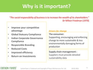 Why is it important?
? Improve your competitive
advantage
? Global Statuary Compliance
? Indian Corporate Governance
Compliance
? Responsible Branding
? Reduced Costs
? Improved efficiency
? Return on Investments
18-03-2022
CarbonFixers is Trademark and Copyright of Ploysz Multiservices Pvt. Ltd. 6
The social responsibility of business is to increase the wealth of its shareholders.
Dr Milton Friedman (1970)
Supply chain management :
Suppliers must provide detailed
sustainability data
The consumer:
Supporting, encouraging and enforcing
change to more sustainable & less
environmentally damaging forms of
production
Drivers for change
 