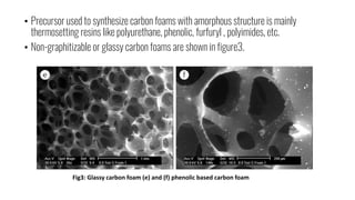 • Precursor used to synthesize carbon foams with amorphous structure is mainly
thermosetting resins like polyurethane, phenolic, furfuryl , polyimides, etc.
• Non-graphitizable or glassy carbon foams are shown in figure3.
Fig3: Glassy carbon foam (e) and (f) phenolic based carbon foam
 