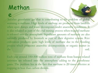 Methan
 e
Another greenhouse gas that is contributing to the problem of global
warming is methane. High levels of methane are produced from landfills
when open dumps and waste decomposes under anaerobic conditions. It
is also released as part of the coal mining process when trapped methane
is released into the atmosphere. Significant amounts of methane are also
naturally produced by livestock as part of their digestive system. Rice
cultivation produces quite high levels of methane due to the flooding
process which promotes anaerobic decomposition or organic matter in
the                                                                 soil.

Each year around 350-500 million tons of methane from human related
activities are released into the atmosphere adding to the greenhouse
gases. The problem lies in the fact that methane is 20 times effective at
trapping in heat than carbon dioxide.
 