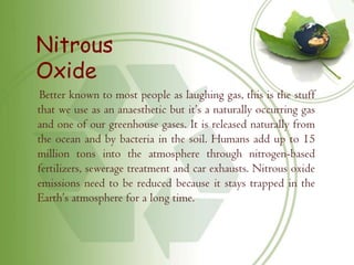 Nitrous
Oxide
Better known to most people as laughing gas, this is the stuff
that we use as an anaesthetic but it’s a naturally occurring gas
and one of our greenhouse gases. It is released naturally from
the ocean and by bacteria in the soil. Humans add up to 15
million tons into the atmosphere through nitrogen-based
fertilizers, sewerage treatment and car exhausts. Nitrous oxide
emissions need to be reduced because it stays trapped in the
Earth’s atmosphere for a long time.
 
