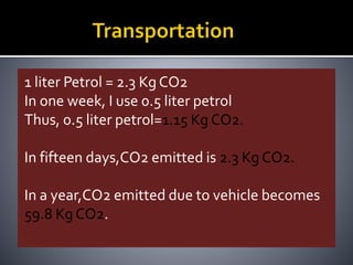 1 liter Petrol = 2.3 Kg CO2
In one week, I use 0.5 liter petrol
Thus, 0.5 liter petrol=1.15 Kg CO2.
In fifteen days,CO2 emitted is 2.3 Kg CO2.
In a year,CO2 emitted due to vehicle becomes
59.8 Kg CO2.
 