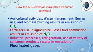 How the GHG emissions take place by human
activities?
• Agricultural activities, Waste management, Energy
use, and biomass burning results in emission of
CH4
• Fertilizer use in agriculture, Fossil fuel combustion
results in emission of N2O
• Industrial processes, refrigeration, use of variety of
consumer products results in emission of
Fluorinated gases
 