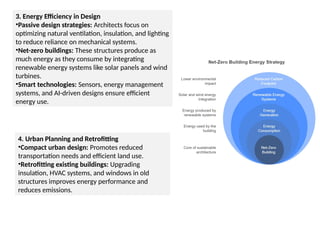3. Energy Efficiency in Design
•Passive design strategies: Architects focus on
optimizing natural ventilation, insulation, and lighting
to reduce reliance on mechanical systems.
•Net-zero buildings: These structures produce as
much energy as they consume by integrating
renewable energy systems like solar panels and wind
turbines.
•Smart technologies: Sensors, energy management
systems, and AI-driven designs ensure efficient
energy use.
4. Urban Planning and Retrofitting
•Compact urban design: Promotes reduced
transportation needs and efficient land use.
•Retrofitting existing buildings: Upgrading
insulation, HVAC systems, and windows in old
structures improves energy performance and
reduces emissions.
 