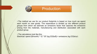 Production
• The method we use for our product footprints is based on how much we spend
each month on new goods. This expenditure is divided up into different product
groups from which we estimate an emissions factor that captures the emissions
arising from the materials, manufacturing and distribution associated with each
product group.
• The calculations look like this:
Electrical: spend ($/month) * 12 * EF (kg CO2e/$) = emissions (kg CO2e/yr)
 