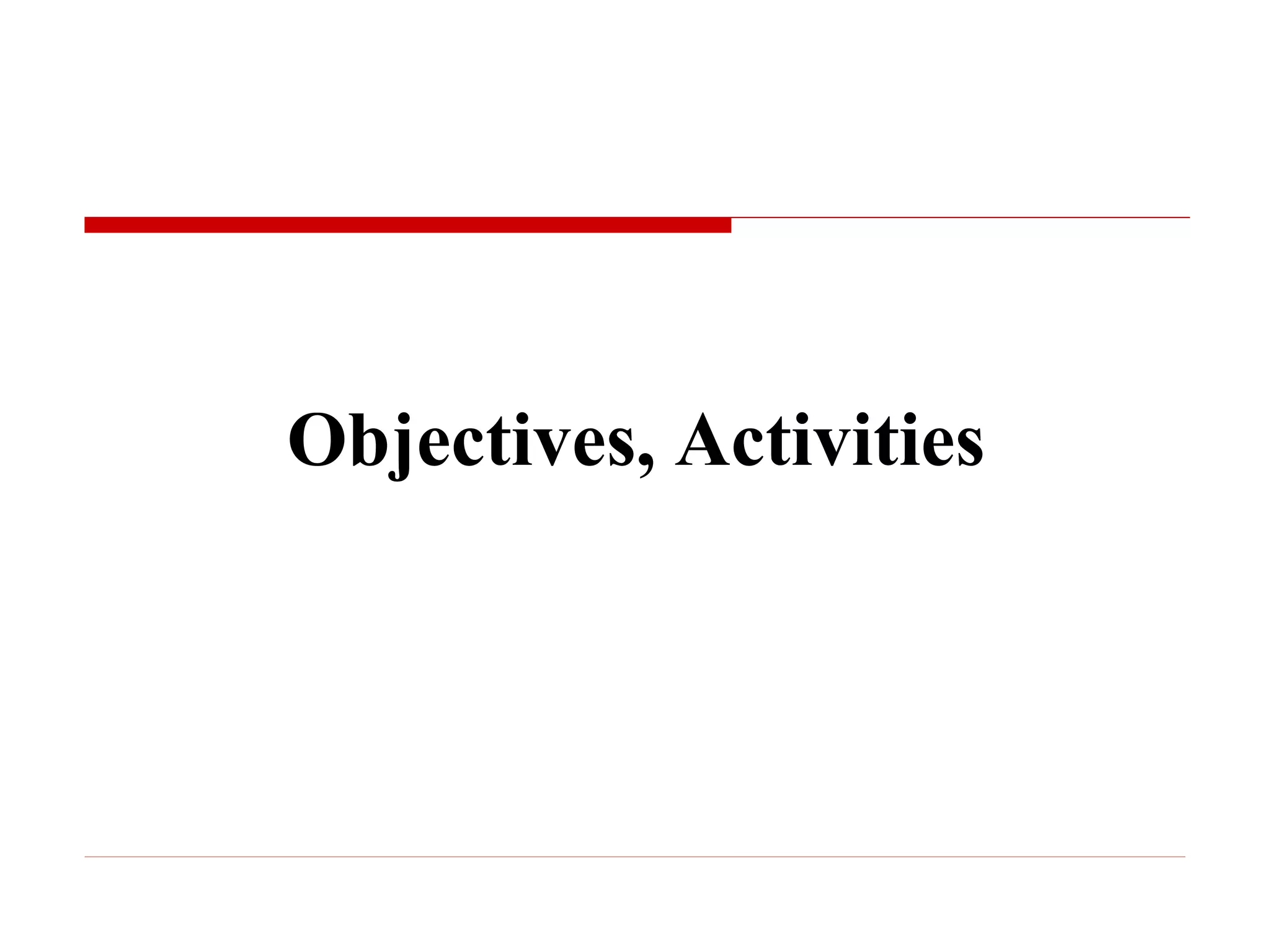 Objectives, Activities
 