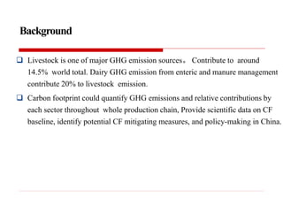 Background
 Livestock is one of major GHG emission sources。 Contribute to around
14.5% world total. Dairy GHG emission fr...