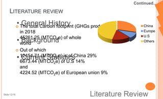  The total Carbon footprint (GHGs produced)
in 2018
45261.25 (MTCO2e) of whole
world
 Out of which
12454.71 (MTCO2e) is of China 29%
6673.44 (MTCO2e) of U.S 14%
and
4224.52 (MTCO2e) of European union 9%
LITERATURE REVIEW
China
Europe
U.S
Others
Slide:12/18
 