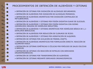 PROCEDIMIENTOS DE OBTENCIÓN DE ALDEHÍDOS Y CETONAS

      • OBTENCIÓN DE CETONAS POR OXIDACIÓN DE ALCOHOLES SECUNDARIOS.
      • OBTENCIÓN DE ALDEHÍDOS POR OXIDACIÓN DE ALCOHOLES PRIMARIOS.
      • OBTENCIÓN DE ALDEHÍDOS AROMÁTICOS POR OXIDACIÓN CONTROLADA DE
      METILBENCENOS.
      • OBTENCIÓN DE ALDEHÍDOS Y CETONAS POR FISIÓN OXIDATIVA SUAVE DE GLICOLES.
      • OBTENCIÓN DE ALDEHÍDOS Y CETONAS POR FISIÓN OXIDATIVA CON OZONO
      (OZONÓLISIS) SEGUIDA DE HIDRÓLISIS REDUCTORA.
      • OBTENCIÓN DE ALDEHÍDOS Y CETONAS AROMÁTICOS POR HIDRÓLISIS BÁSICA DE 1,1-
      DIHALUROS BENCÍLICOS.
      • OBTENCIÓN DE ALDEHÍDOS POR REDUCCIÓN DE CLORUROS DE ÁCIDO.
      • OBTENCIÓN DE ALDEHÍDOS Y CETONAS POR HIDRATACIÓN DE ALQUINOS.
      • OBTENCIÓN DE CETONAS POR ACILACIÓN DE FRIEDEL-CRAFTS.
      • OBTENCIÓN DE ALDEHÍDOS AROMÁTICOS POR FORMILACIÓN DIRECTA: REACCIÓN DE
      VILSMEYER-HAACK.
      • OBTENCIÓN DE CETONAS SIMÉTRICAS O CÍCLICAS POR PIRÓLISIS DE SALES CÁLCICAS
      O BÁRICAS.
      • OBTENCIÓN DE CETONAS VÍA REACCIÓN DE NITRILOS CON DERIVADOS
      ORGANOMAGNÉSICOS.
      • OBTENCIÓN DE CETONAS POR TRANSFORMACIÓN DE ALDEHÍDOS.
      • OBTENCIÓN DE CETONAS MEDIANTE DERIVADOS ORGANOCÁDMICOS.



                                                                              10
UN                                        QUÍMICA ORGÁNICA. Juan A. Palop
 