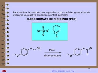 Para realizar la reacción con seguridad y con carácter general ha de
     utilizarse un reactivo específico (control químico):
                CLOROCROMATO DE PIRIDINIO (PCC)


                               O
                          Cl   Cr O-
                                          +N
                               O
                                             H



                         OH                                                    O
                                       PCC
                                                                          H
        O                          diclorometano                 O




                                                                          13
UN                                      QUÍMICA ORGÁNICA. Juan A. Palop
 