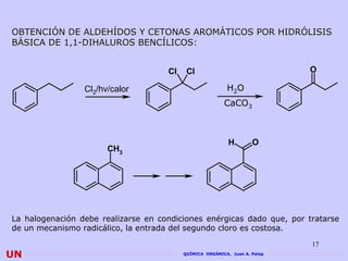 OBTENCIÓN DE ALDEHÍDOS Y CETONAS AROMÁTICOS POR HIDRÓLISIS
BÁSICA DE 1,1-DIHALUROS BENCÍLICOS:


                                     Cl    Cl                               O

                 Cl2/hv/calor                             H2O
                                                         CaCO3



                                                           H        O
                       CH3




La halogenación debe realizarse en condiciones enérgicas dado que, por tratarse
de un mecanismo radicálico, la entrada del segundo cloro es costosa.

                                                                            17
UN                                        QUÍMICA ORGÁNICA. Juan A. Palop
 