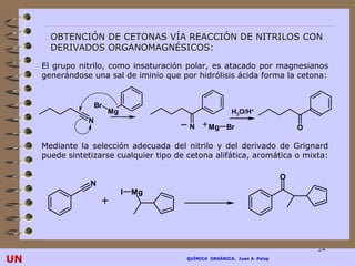 OBTENCIÓN DE CETONAS VÍA REACCIÓN DE NITRILOS CON
       DERIVADOS ORGANOMAGNÉSICOS:

     El grupo nitrilo, como insaturación polar, es atacado por magnesianos
     generándose una sal de iminio que por hidrólisis ácida forma la cetona:


                    Br
                         Mg                                 H2O/H+
                N                       _
                                            N +Mg Br                              O

     Mediante la selección adecuada del nitrilo y del derivado de Grignard
     puede sintetizarse cualquier tipo de cetona alifática, aromática o mixta:

                                                                              O
                 N
                              I   Mg
                     +



                                                                                      24
UN                                          QUÍMICA ORGÁNICA. Juan A. Palop
 