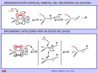 REPRESENTACIÓN ESPACIAL-ORBITAL DEL MECANISMO DE ADICIÓN:




 MECANISMO CATALIZADO POR UN ÁCIDO DE LEWIS:




                                                                 34
UN                             QUÍMICA ORGÁNICA. Juan A. Palop
 