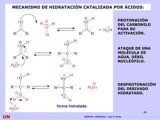 MECANISMO DE HIDRATACIÓN CATALIZADA POR ÁCIDOS:


                                                          PROTONACIÓN
                                                          DEL CARBONILO
                                                          PARA SU
                                                          ACTIVACIÓN.



                                                          ATAQUE DE UNA
                                                          MOLÉCULA DE
                                                          AGUA, DÉBIL
                                                          NUCLEÓFILO.




                                                          DESPROTONACIÓN
                                                          DEL DERIVADO
                                                          HIDRATADO.




                                                                    40
UN                            QUÍMICA ORGÁNICA. Juan A. Palop
 
