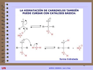 LA HIDRATACIÓN DE CARBONILOS TAMBIÉN
       PUEDE CURSAR CON CATÁLISIS BÁSICA:




                                                        41
UN                    QUÍMICA ORGÁNICA. Juan A. Palop
 