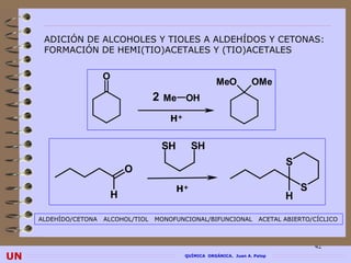 ADICIÓN DE ALCOHOLES Y TIOLES A ALDEHÍDOS Y CETONAS:
      FORMACIÓN DE HEMI(TIO)ACETALES Y (TIO)ACETALES


                       O
                                                           MeO          OMe
                                      2 Me OH
                                          H+


                                       SH        SH
                                                                                  S
                               O
                                            H+                                        S
                           H                                                      H

     ALDEHÍDO/CETONA   ALCOHOL/TIOL   MONOFUNCIONAL/BIFUNCIONAL            ACETAL ABIERTO/CÍCLICO



                                                                                          42
UN                                             QUÍMICA ORGÁNICA. Juan A. Palop
 