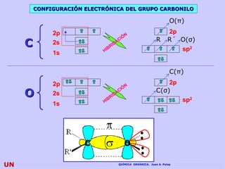 CONFIGURACIÓN ELECTRÓNICA DEL GRUPO CARBONILO

                                                                          O(π)
              2p                                      N
                                                                         2p
                                                    IÓ
     C        2s
                                 B   RI
                                          D AC                    R      R´ O(σ)
                                                                            sp2
                            HI
              1s


                                                                          C(π)
              2p                                      N
                                                                      2p
     O
                                                    IÓ
              2s                            A   C                 C(σ)
                                     R   ID
                            HI
                               B                                              sp2
              1s




                       C                             O
                                                                                    5
UN                                          QUÍMICA ORGÁNICA. Juan A. Palop
 
