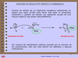 ADICIÓN DE BISULFITO SÓDICO A CARBONILO:


           Proceso de adición de un fragmento inorgánico conteniendo un
           enlace muy polar (O-Na) para hacer más polar el compuesto
           carbonílico y poderlo así extraer con disolución acuosa de una
           mezcla orgánica más apolar (AISLAMIENTO):



              O                   O H                                           OH O
       R             +      O S                                             R     S ONa
               H                  ONa                                            H O

     INSOLUBLE EN AGUA                                                      SOLUBLE EN AGUA




           Por razones de impedimento estérico causado por el volumen de
           los sustituyentes, sólo dan esta adición los aldehídos y algunas
           metilcetonas.


                                                                                       50
UN                                        QUÍMICA ORGÁNICA. Juan A. Palop
 