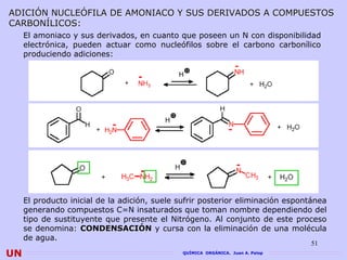 ADICIÓN NUCLEÓFILA DE AMONIACO Y SUS DERIVADOS A COMPUESTOS
CARBONÍLICOS:
     El amoniaco y sus derivados, en cuanto que poseen un N con disponibilidad
     electrónica, pueden actuar como nucleófilos sobre el carbono carbonílico
     produciendo adiciones:




     El producto inicial de la adición, suele sufrir posterior eliminación espontánea
     generando compuestos C=N insaturados que toman nombre dependiendo del
     tipo de sustituyente que presente el Nitrógeno. Al conjunto de este proceso
     se denomina: CONDENSACIÓN y cursa con la eliminación de una molécula
     de agua.
                                                                                 51
UN                                             QUÍMICA ORGÁNICA. Juan A. Palop
 