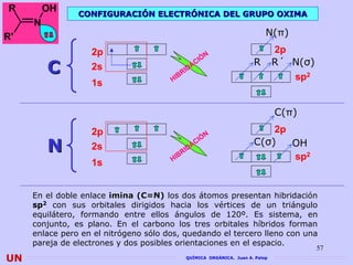 R        OH
                CONFIGURACIÓN ELECTRÓNICA DEL GRUPO OXIMA
     N
R'                                                                                N(π)
                   2p                                            N
                                                                                      2p
                                                               IÓ
         C         2s
                                            B   RI
                                                     D AC                    R        R´ N(σ)
                                                                                         sp2
                                       HI
                   1s


                                                                                      C(π)
                   2p                                            N
                                                                                 2p
         N
                                                               IÓ
                   2s                                  A   C                 C(σ)   OH
                                                R   ID
                                       HI
                                          B                                         sp2
                   1s


     En el doble enlace imina (C=N) los dos átomos presentan hibridación
     sp2 con sus orbitales dirigidos hacia los vértices de un triángulo
     equilátero, formando entre ellos ángulos de 120º. Es sistema, en
     conjunto, es plano. En el carbono los tres orbitales híbridos forman
     enlace pero en el nitrógeno sólo dos, quedando el tercero lleno con una
     pareja de electrones y dos posibles orientaciones en el espacio.
                                                                                                57
UN                                                  QUÍMICA ORGÁNICA. Juan A. Palop
 