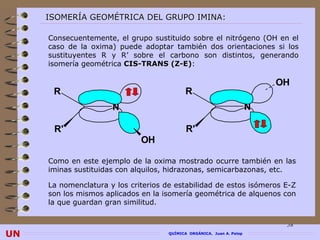 ISOMERÍA GEOMÉTRICA DEL GRUPO IMINA:

     Consecuentemente, el grupo sustituido sobre el nitrógeno (OH en el
     caso de la oxima) puede adoptar también dos orientaciones si los
     sustituyentes R y R’ sobre el carbono son distintos, generando
     isomería geométrica CIS-TRANS (Z-E):
                                        E)

                                                                            OH
      R                                      R
                      N                                                 N

      R'                                     R'
                              OH

     Como en este ejemplo de la oxima mostrado ocurre también en las
     iminas sustituidas con alquilos, hidrazonas, semicarbazonas, etc.

     La nomenclatura y los criterios de estabilidad de estos isómeros E-Z
     son los mismos aplicados en la isomería geométrica de alquenos con
     la que guardan gran similitud.


                                                                             58
UN                                    QUÍMICA ORGÁNICA. Juan A. Palop
 
