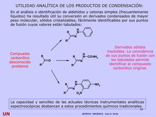 UTILIDAD ANALÍTICA DE LOS PRODUCTOS DE CONDENSACIÓN:
     En el análisis e identificación de aldehídos y cetonas simples (frecuentemente
     líquidos) ha resultado útil su conversión en derivados condensados de mayor
     peso molecular, sólidos cristalizables, fácilmente identificables por sus puntos
     de fusión cuyos valores están tabulados:
                                                     H
                                        R            N
                                                 N
                                    R'

                                                                                   Derivados sólidos
                                                                              insolubles. La coincidencia
 Compuesto                                                   H
                      R                     R                N CO NH2        de sus puntos de fusión con
  carbonílico
                           O                             N                       los tabulados permite
 desconocido
                     R'                     R'                                  identificar al compuesto
   problema
                                                                                  carbonílico original.


                                                 H
                                    R            N                 NO2
                                            N
                                   R'            O2N


     La capacidad y sencillez de las actuales técnicas instrumentales analíticas
     espectroscópicas desbancan a estos procedimientos químicos tradicionales.
                                                                                                59
UN                                                       QUÍMICA ORGÁNICA. Juan A. Palop
 