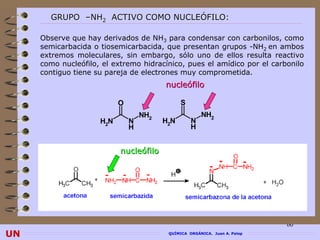 GRUPO –NH2 ACTIVO COMO NUCLEÓFILO:

     Observe que hay derivados de NH3 para condensar con carbonilos, como
     semicarbacida o tiosemicarbacida, que presentan grupos -NH2 en ambos
     extremos moleculares, sin embargo, sólo uno de ellos resulta reactivo
     como nucleófilo, el extremo hidracínico, pues el amídico por el carbonilo
     contiguo tiene su pareja de electrones muy comprometida.
                                         nucleófilo

                           O                   S
                                   NH2                 NH2
                     H2N       N         H2N       N
                               H                   H


                           nucleófilo




                                                                            60
UN                                        QUÍMICA ORGÁNICA. Juan A. Palop
 
