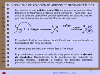 MECANISMO DE REACCIÓN DE ADICIÓN DE ORGANOMETÁLICOS:
       La reacción es una adición nucleófila en la que el organometálico
       transfiere el fragmento orgánico como carbanión (nucleófilo) que
       ataca al carbono carbonílico positivo generando un alcóxido que se
       protona hasta alcohol en una hidrólisis ácida posterior:

                                                         +
       R                               R             Mg Br                 R    OH
                                            O                     H2O/H+
           O   +   R''   Mg-Br
                                             R''                                R''
      R'                              R'                                   R'


       El resultado final se concreta en la adición de los componentes de un
       hidrocarburo (R’’-H) al carbonilo.

       El primer paso se realiza en medio éter o THF secos.

       El procedimiento supone un método muy general para la síntesis
       de alcoholes. Dependiendo de la sustitución del carbonilo de
       partida, metanal, aldehído o cetona, se obtienen alcoholes
       primarios, secundarios o terciarios, respectivamente.


                                                                                 62
UN                                      QUÍMICA ORGÁNICA. Juan A. Palop
 