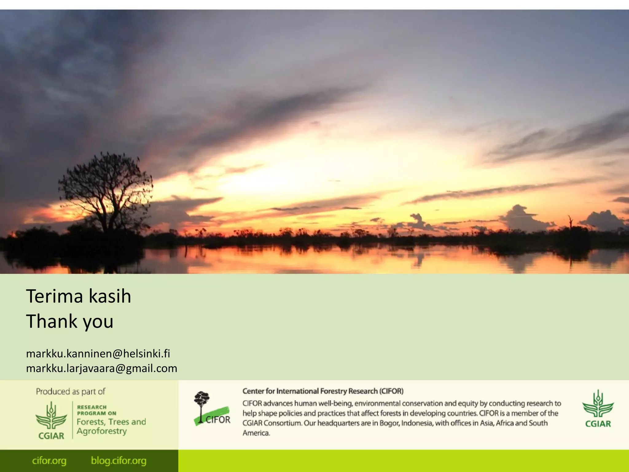 Terima kasih
Thank you
markku.kanninen@helsinki.fi
markku.larjavaara@gmail.com
 