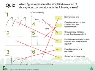 Time
Carbon density
1
2
3
4
5
6
Non-forested land
Forest conversion to non-
forested land use
(deforestation)
Unsustainably managed
forest (forest degradation)
Plantation established on non-
forested land and harvested
regularly
Forest converted to a
plantation
Conserved primary forest
Quiz Which figure represents the simplified evolution of
aboveground carbon stocks in the following cases?
 
