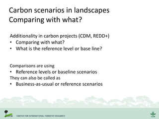 Carbon scenarios in landscapes
Comparing with what?
Additionality in carbon projects (CDM, REDD+)
• Comparing with what?
• What is the reference level or base line?
Comparisons are using
• Reference levels or baseline scenarios
They can also be called as
• Business-as-usual or reference scenarios
 