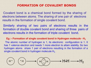 Covalent bond is a chemical bond formed by the sharing of
electrons between atoms. The sharing of one pair of electrons
results in the formation of single covalent bond.
Similarly sharing of two pairs of electrons results in the
formation of double covalent bond and sharing of three pairs of
electrons results in the formation of triple covalent bond.
Eg :- Formation of single covalent bond in Hydrogen molecule - H2
The atomic number of hydrogen is 1, its electronic configuration is 1. It
has 1 valence electron and needs 1 more electron to attain stability. So two
hydrogen atoms share 1 pair of electrons resulting in the formation of a
single covalent bond in hydrogen molecule H2.
H * * H H H
*
*
H H H2
FORMATION OF COVALENT BONDS
 