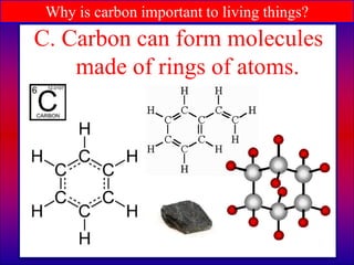 Why is carbon important to living things?
C. Carbon can form molecules
made of rings of atoms.
 