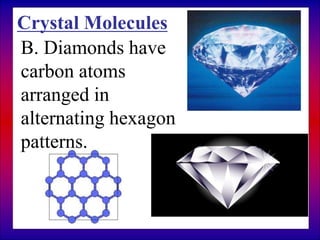B. Diamonds have
carbon atoms
arranged in
alternating hexagon
patterns.
Crystal Molecules
 