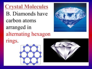B. Diamonds have
carbon atoms
arranged in
alternating hexagon
rings.
Crystal Molecules
 