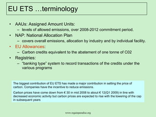 EU ETS …terminology  AAUs: Assigned Amount Units:  levels of allowed emissions, over 2008-2012 commitment period. NAP: National Allocation Plan covers overall emissions, allocation by industry and by individual facility. EU Allowances :  Carbon credits equivalent to the abatement of one tonne of C02 Registries: “ banking type” system to record transactions of the credits under the various programs  The biggest contribution of EU ETS has made a major contribution in setting the price of carbon. Companies have the incentive to reduce emissions.  Carbon prices have come down from € 30 in mid 2008 to about € 12(Q1 2009) in line with decreased economic activity but carbon prices are expected to rise with the lowering of the cap in subsequent years  