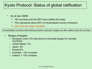 Kyoto Protocol: Status of global ratification  Range of targets : European union: 8% (devolved to individual targets for member countries)  United States: 7%  Japan: 6%  Russia:0%  Australia: + 8% increase  Iceland: + 10% increase  Industrialized countries with binding emission reduction targets are also called Annex B countries As of Jan 2009: 183 countries and the EEC have ratified the treaty  This represents about 64% of industrialized country emissions US is the one major exception   