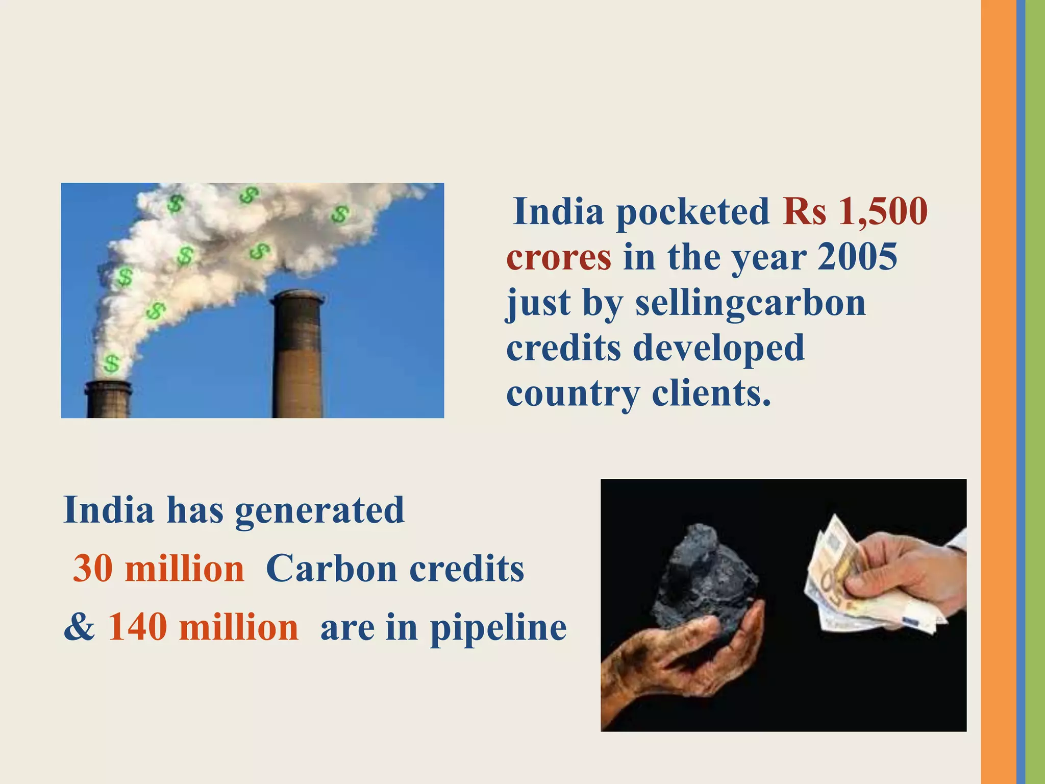 India pocketed Rs 1,500
crores in the year 2005
just by sellingcarbon
credits developed
country clients.
India has generated
30 million Carbon credits
& 140 million are in pipeline
 