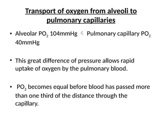 Transport of oxygen from alveoli to
pulmonary capillaries
• Alveolar PO2 104mmHg  Pulmonary capillary PO2
40mmHg
• This great difference of pressure allows rapid
uptake of oxygen by the pulmonary blood.
• PO2 becomes equal before blood has passed more
than one third of the distance through the
capillary.
 